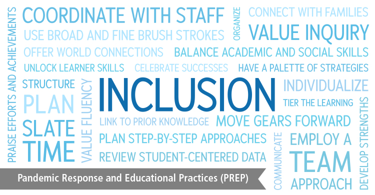 Word cloud surrounding the word "Inclusion". Part of the Pandemic Response and Educational Practices (PREP) blog series.