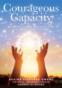 Courageous Capacity: Fueling Sustained Growth for Adult Learners by Regina Stephens Owens, Crystal Johnson Cross, and Harriet D. Moore. Two hands hold a glowing, geometric sphere against a sunrise sky.