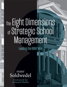 The Eight Dimensions of Strategic School Management: Leading the RIGHT Way by Perry Soldwedel, Foreword by Howard Rohm; a stylized image of a school facade.
