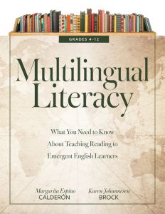 Multilingual Literacy, Grades 4–12: What You Need to Know About Teaching Reading to Emergent English Learners by Margarita Espino Calderón and Karen Johannesen Brock; bookshelf graphic and world map background.