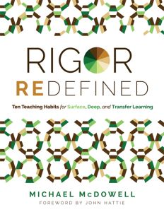 Rigor Redefined: Ten Teaching Habits for Surface, Deep, and Transfer Learning by Michael McDowell. Two rows of seven dark green, brown, and tan circles sit on the top of cover and the bottom.